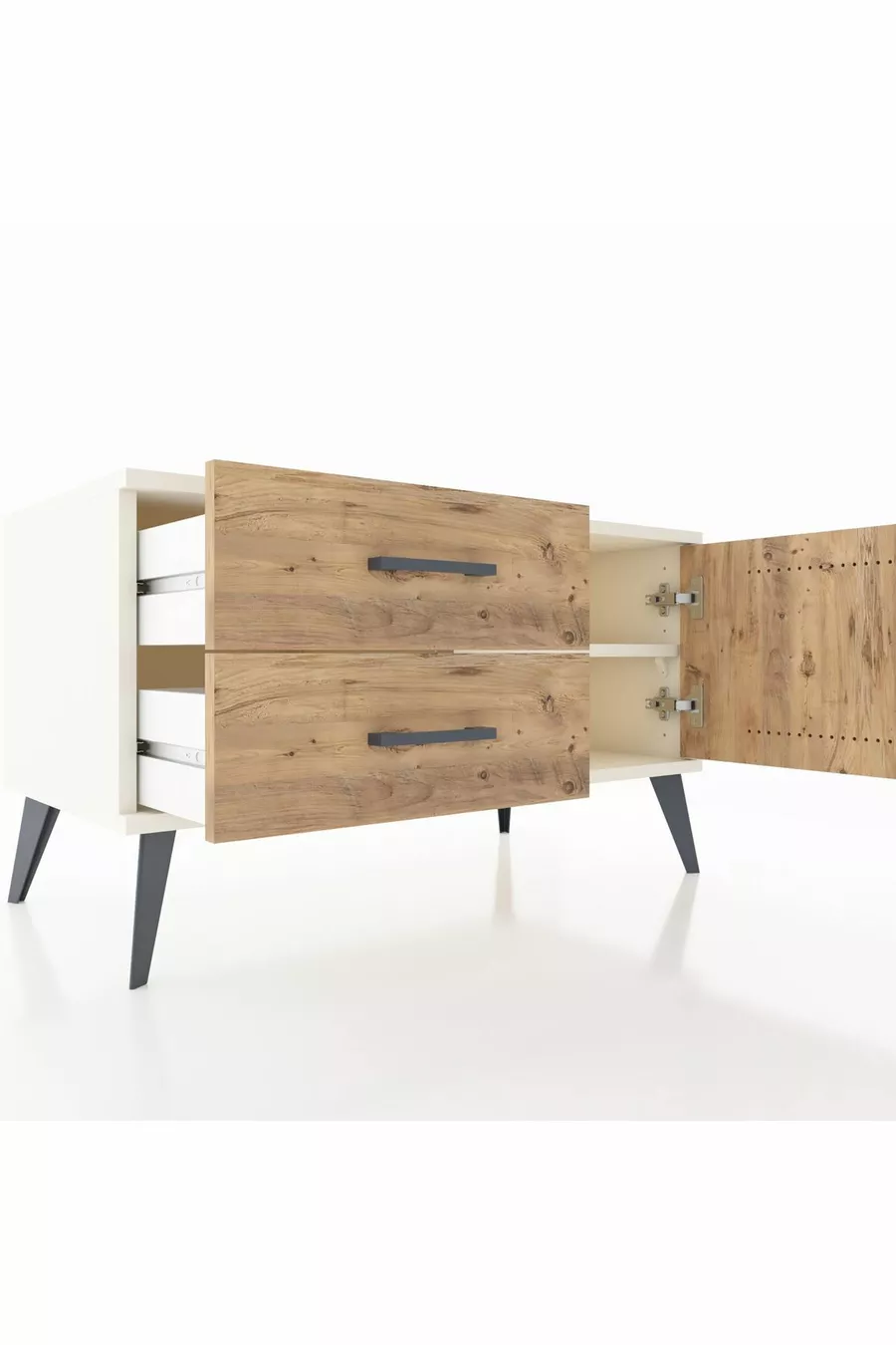 Commode Hyperion à une étagère, 2 tiroirs, 1 porte, Pierre de Lune-Pin