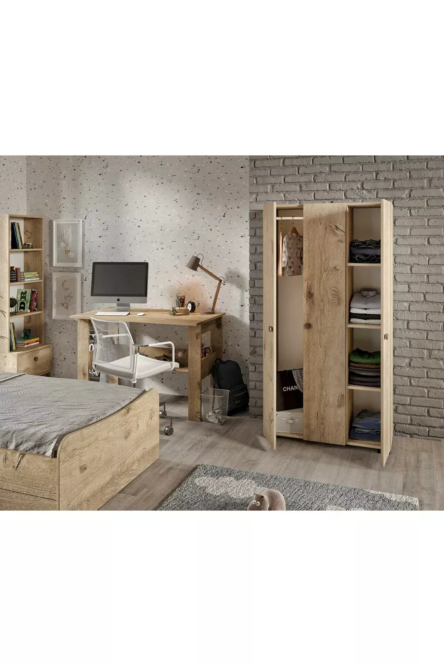 Ensemble de chambre d'enfant Selen Chêne - 5 pièces, tout en MDF de qualité supérieure