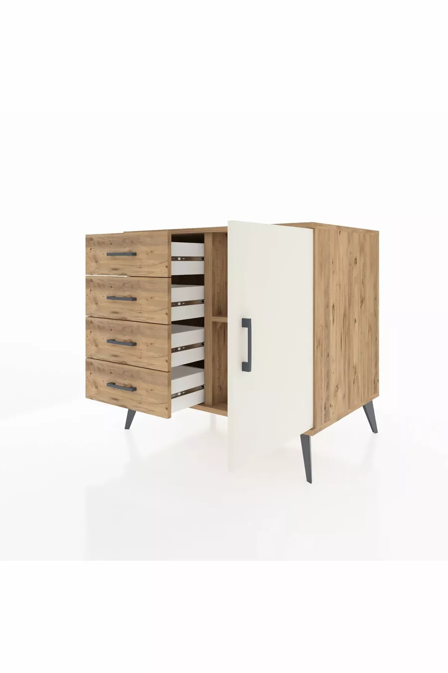Commode Kronos avec une seule étagère, 4 tiroirs et une porte, Pin-Pierre d'onyx/Pin