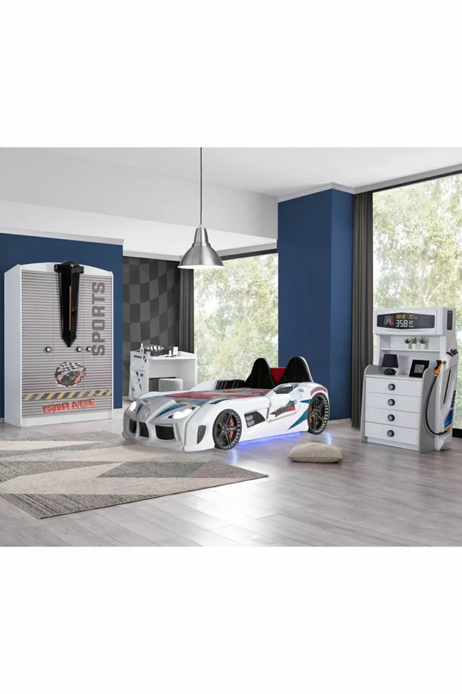 Chambre d'enfant - Lit voiture avec siège Audi, Armoire 3 portes Sports, Bureau, Commode - Blanc