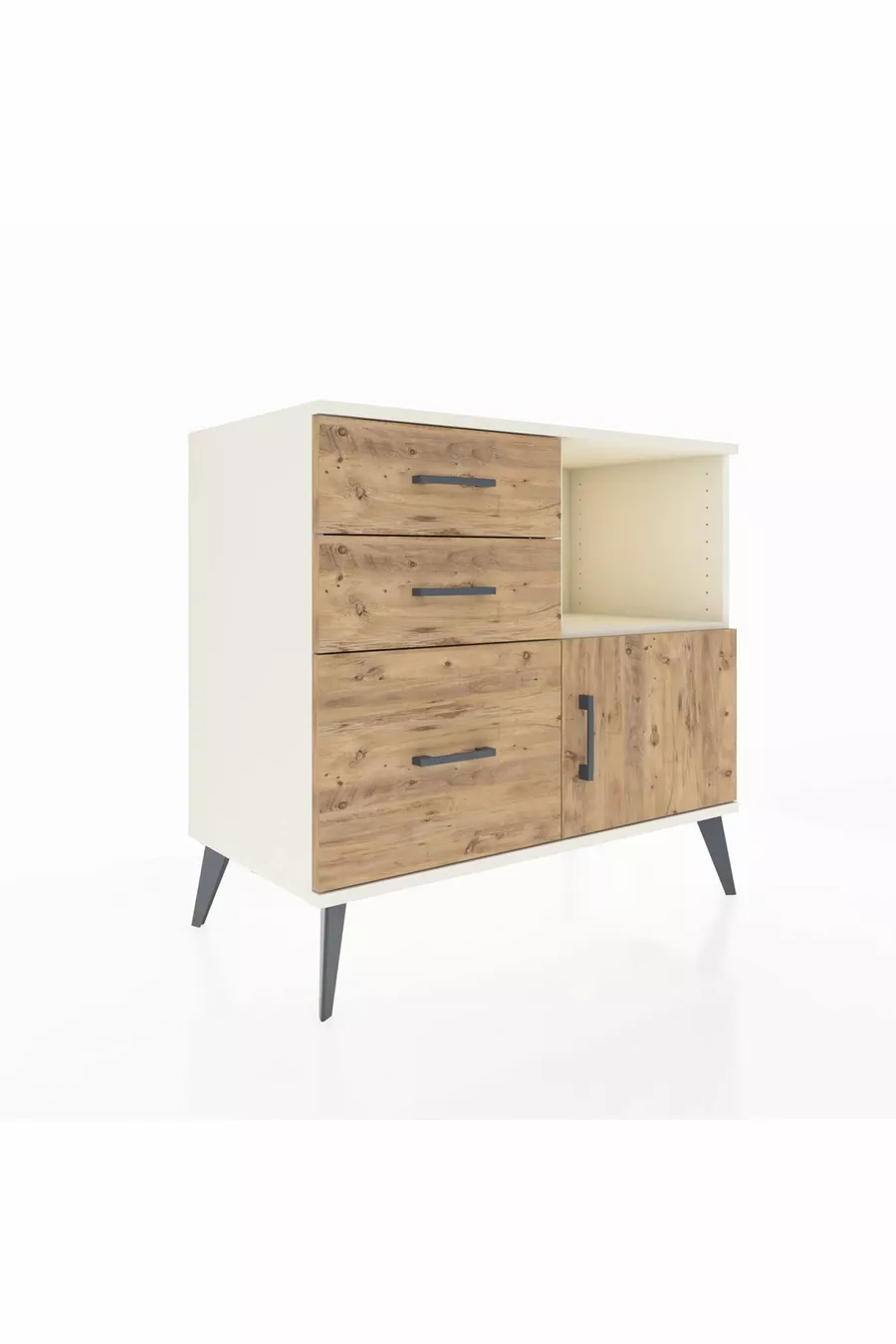 Commode Hyperion à une étagère, 3 tiroirs et une porte, Pierre de lune-Pin