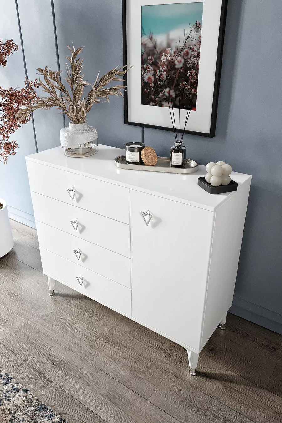 Commode moderne blanche argent avec 4 tiroirs et 1 porte