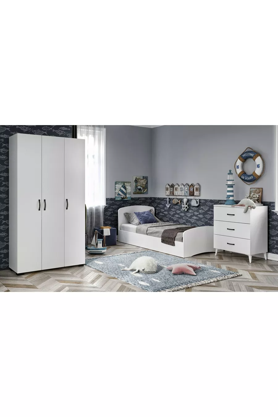 Ensemble de Chambre d'Enfant Soft Blanc - Lit, Armoire à 3 Portes, Commode à 3 Tiroirs, Tout en MDF