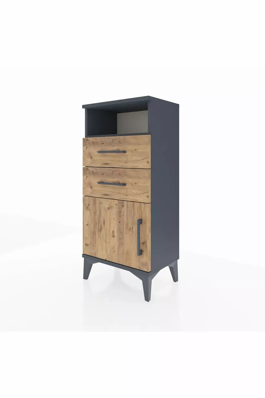Table de chevet Arges avec une étagère, 2 tiroirs et une porte, Anthracite-Pin