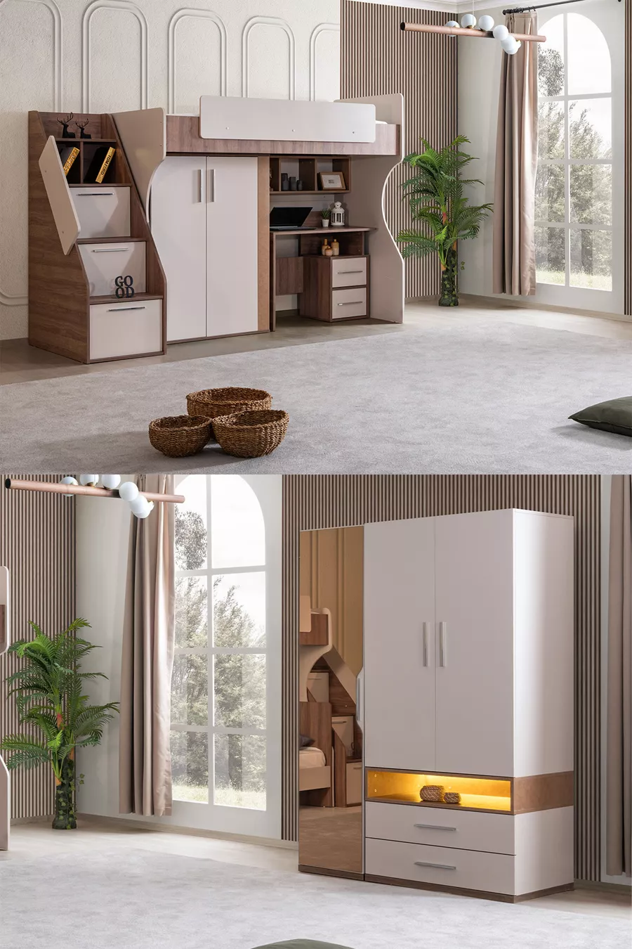Lits superposés, ensemble chambre jeune Milano avec armoire et bureau, lit superposé moderne + armoire moderne à trois portes