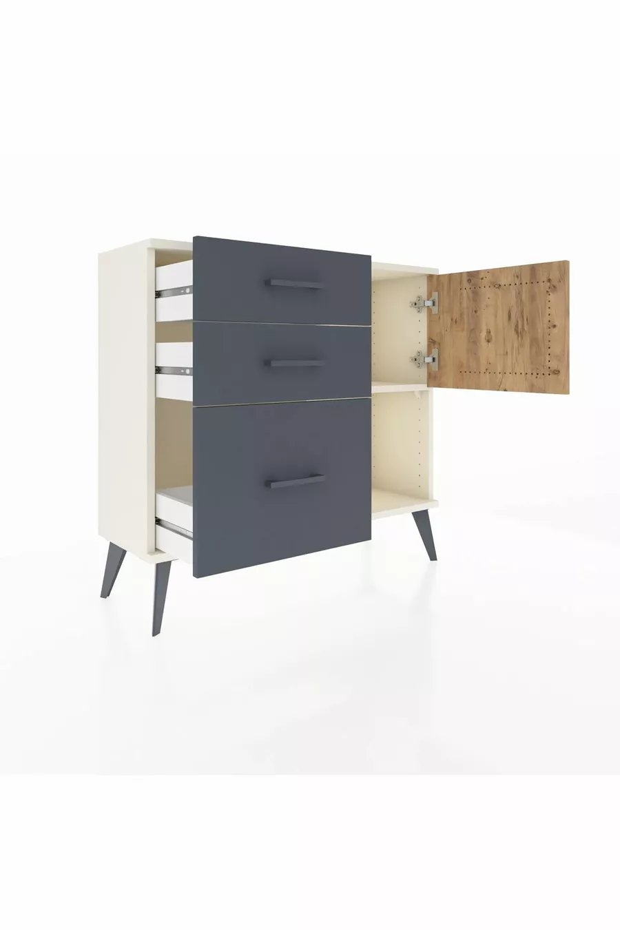 Commode Arges à une étagère, 3 tiroirs et une porte, Pierre de Lune-Pin/Anthracite