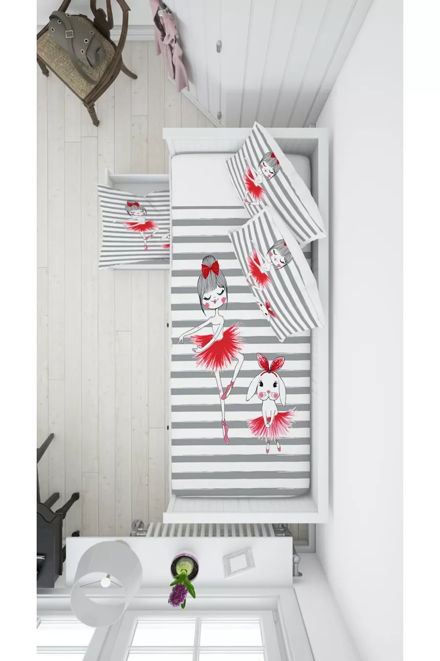 Ensemble Chambre Fille Ballerine à Rayures Grises (Rideau - Couverture de Lit et Coussin - Tapis)