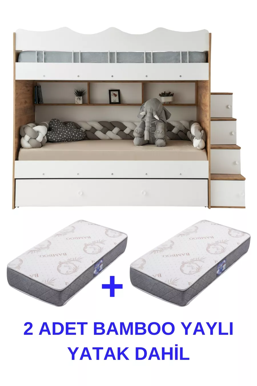 Lit superposé Bulut / 2 matelas à ressorts en bambou inclus / 100 % MDF