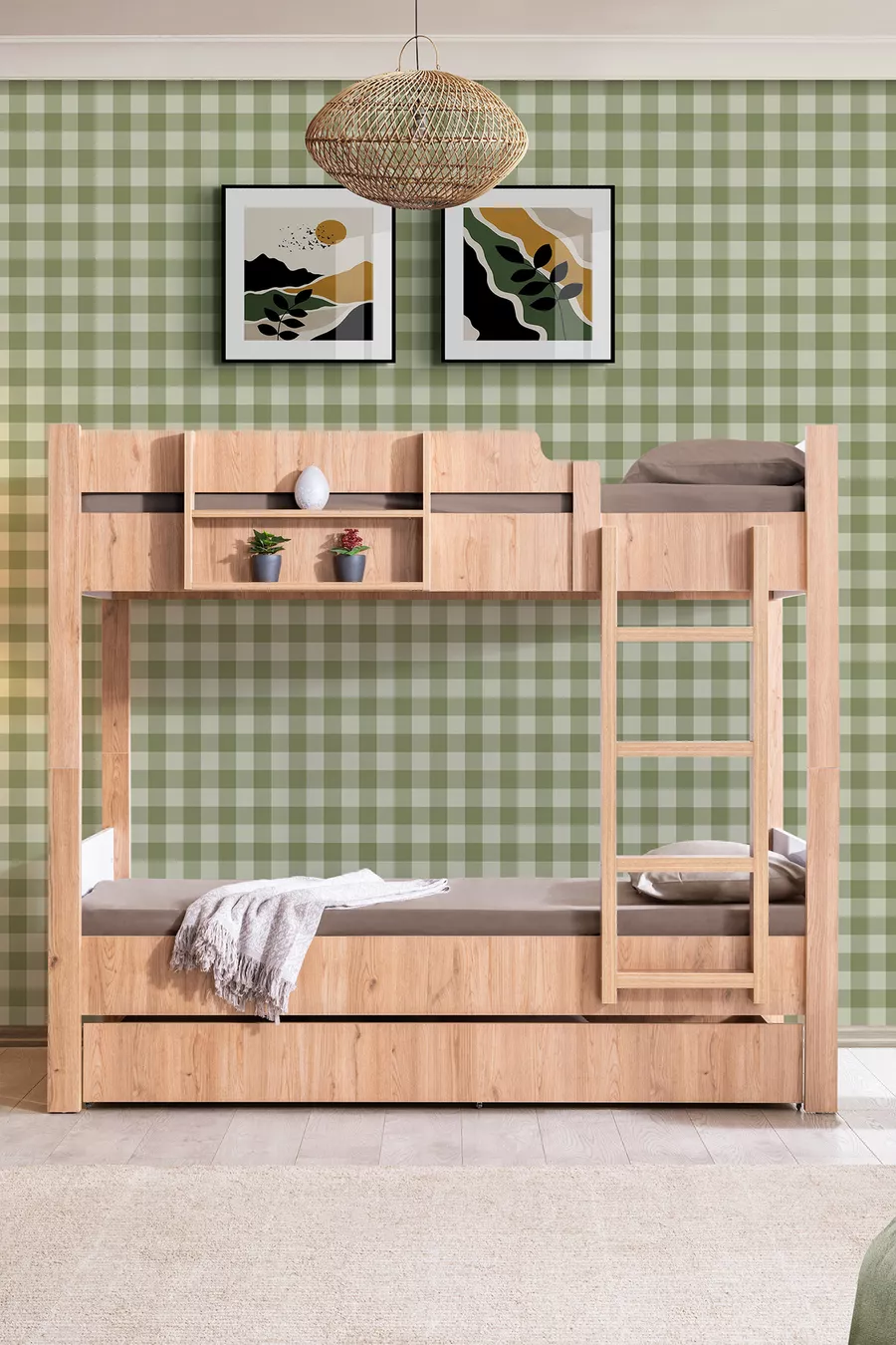 Lits superposés, Lit superposé avec couchage séparé en Asie, Noyer - Blanc + 2 matelas Comfort
