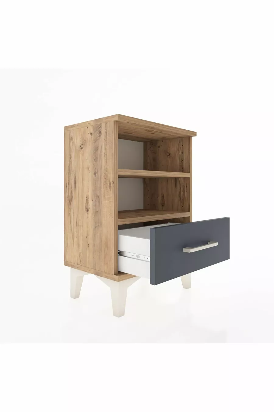 Table de chevet Arges avec 2 étagères et 1 tiroir, pin-anthracite