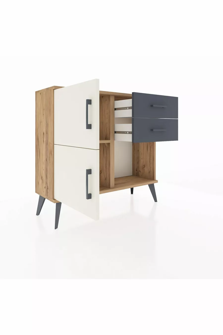 Commode Arges à une étagère, 2 tiroirs et 2 portes, Pin-Pierre d'agate/Anthracite