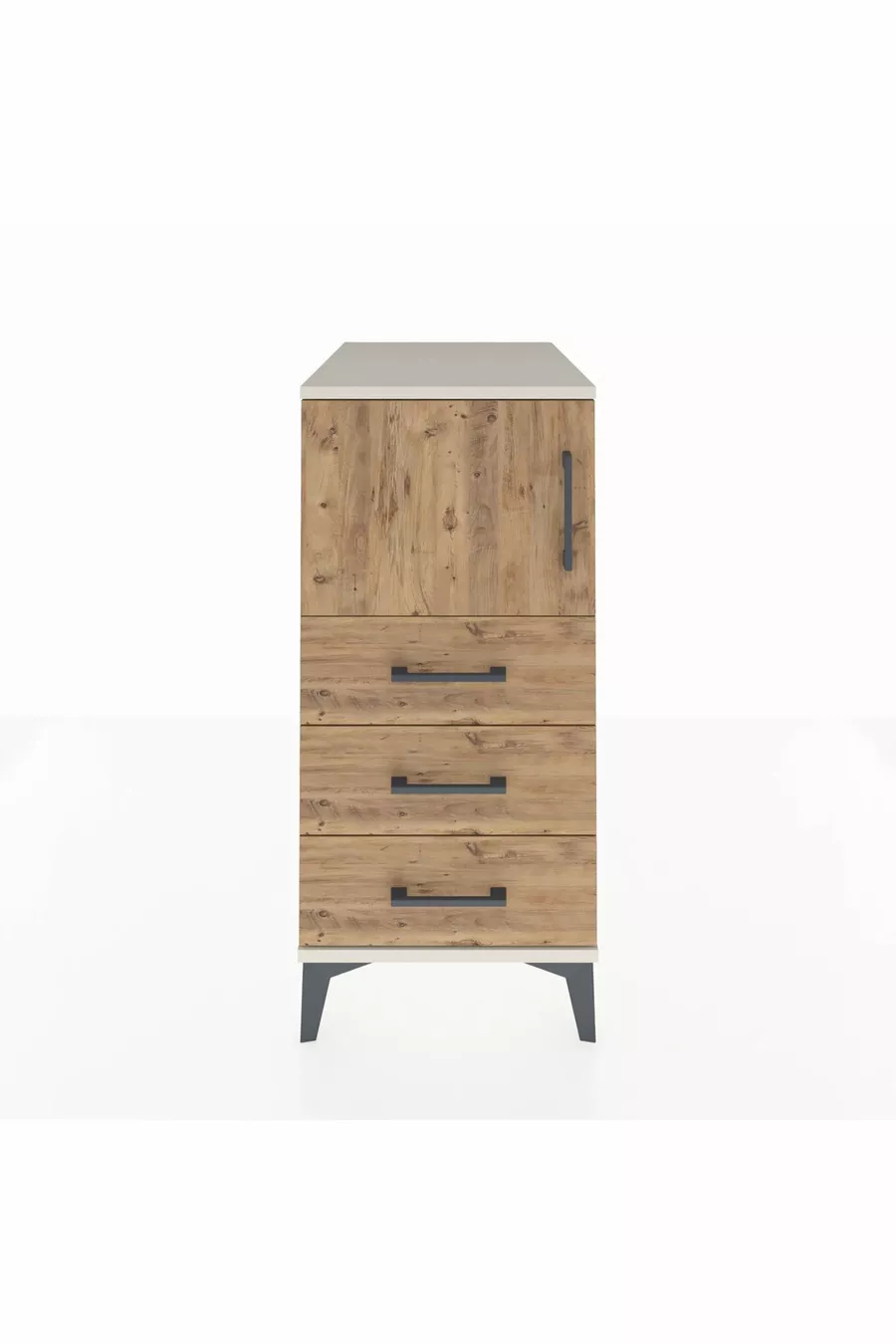 Kronos Table de chevet avec une étagère, 3 tiroirs et une porte, Pierre de lune-Pin