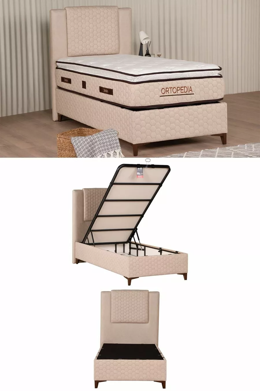 Base ortopédique avec tiroirs crème (TÊTE DE LIT ET MATELAS NON INCLUS)