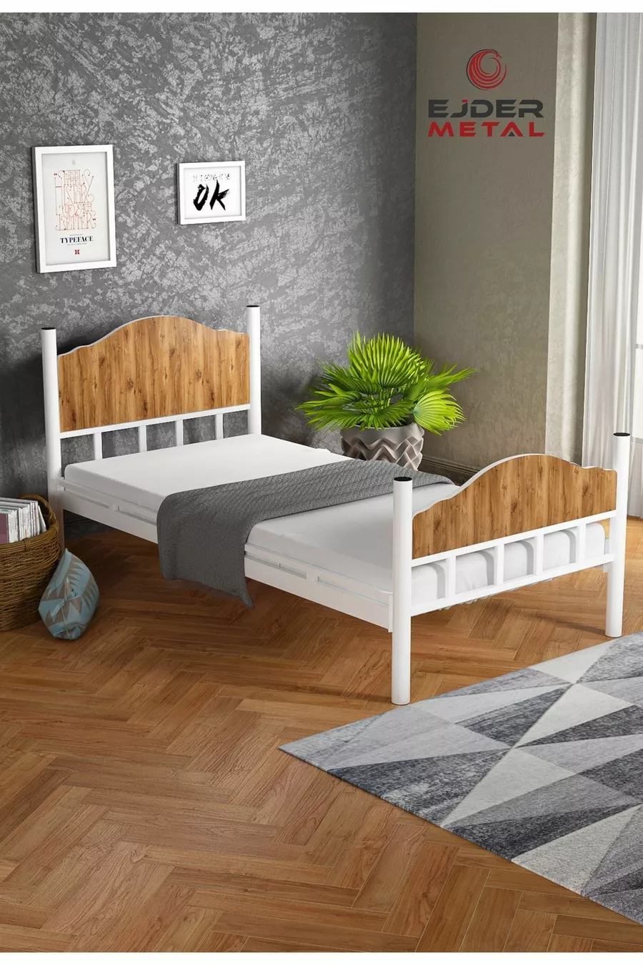 Lit simple en métal avec bois, couleur noyer (SANS MATELAS)