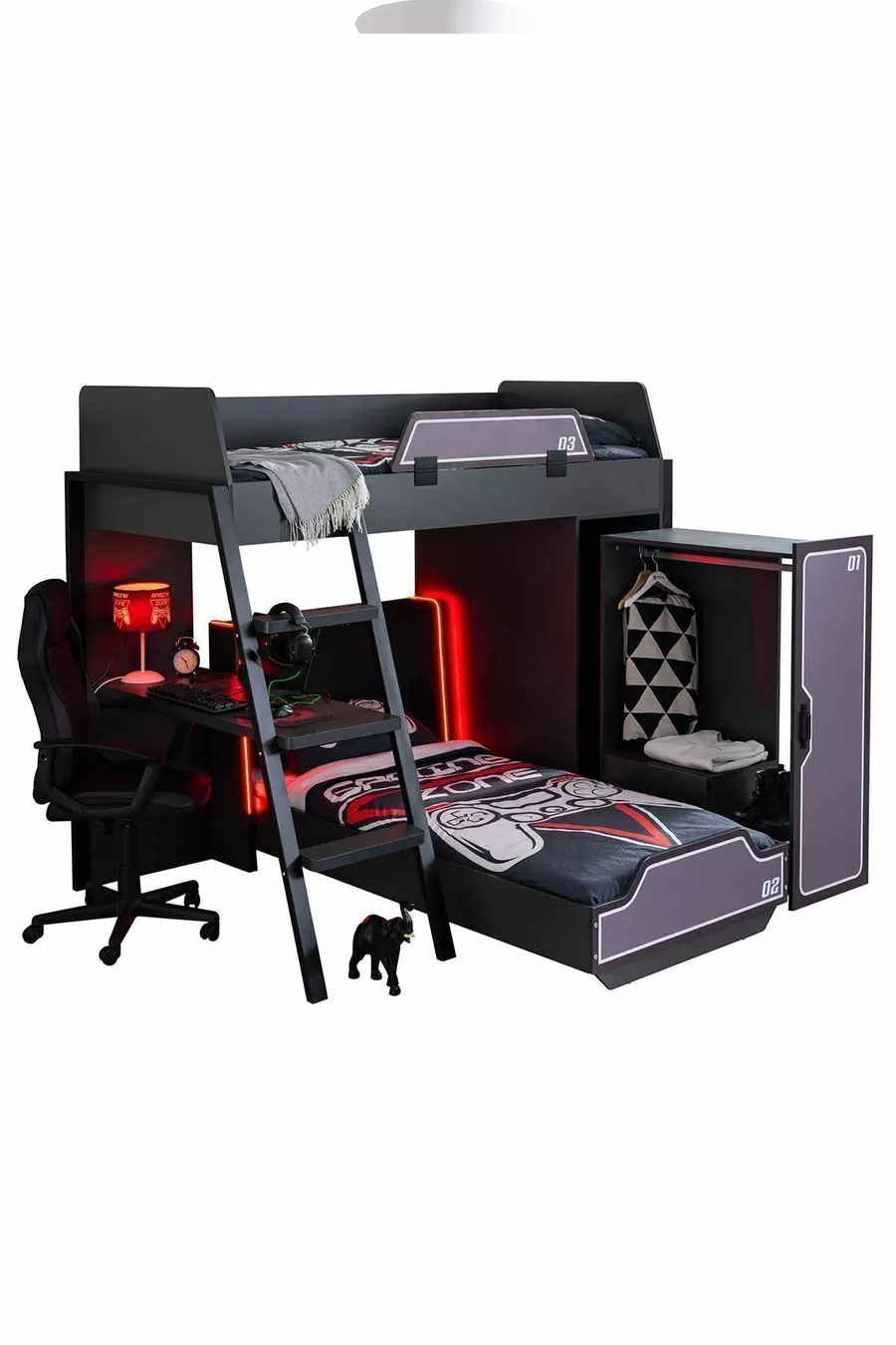 Chambre de joueur avec lits superposés, lit superposé Gamer avec LED, bureau, armoire et 2 matelas confort