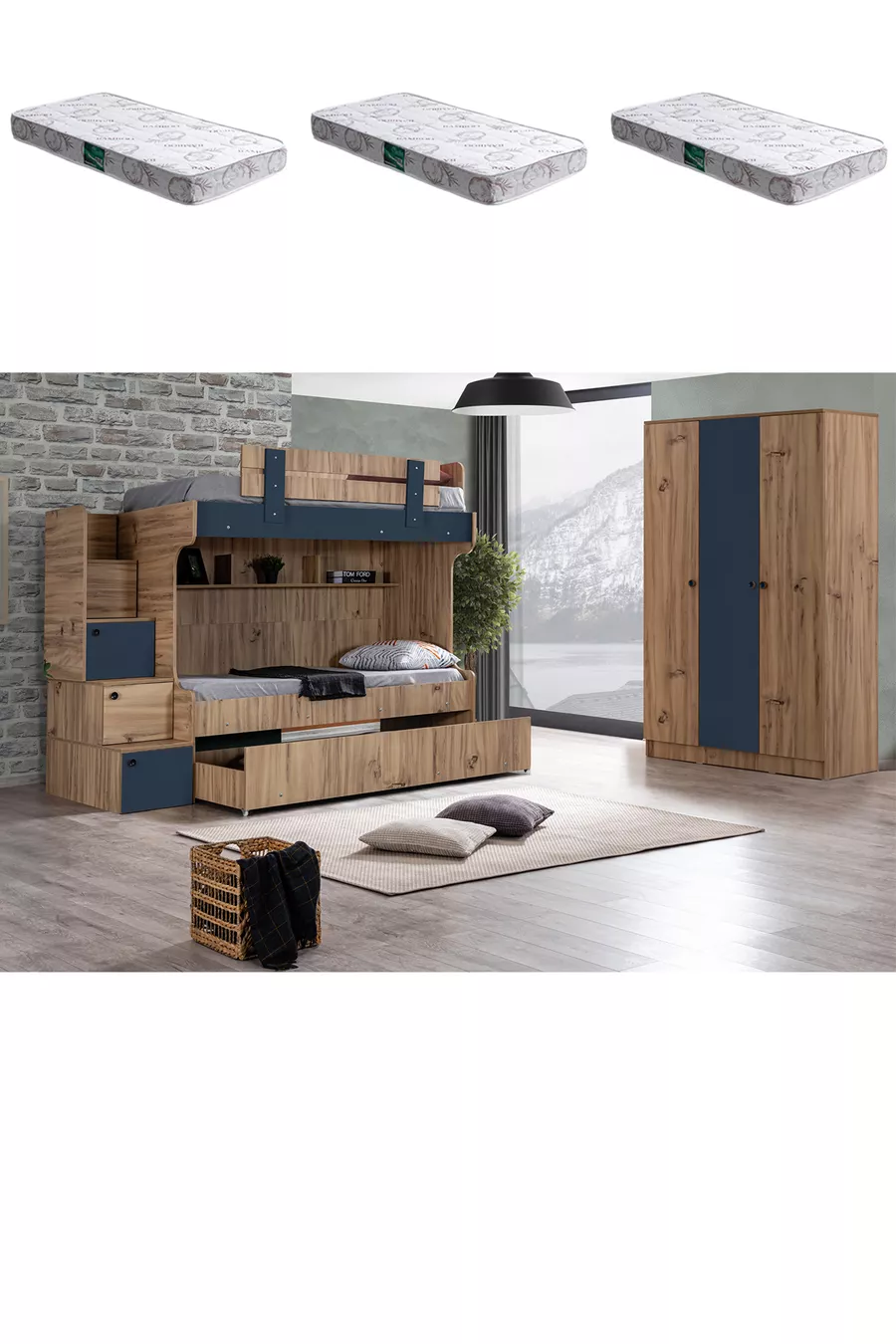 Lits superposés, lit superposé Riva + armoire 3 portes + 3 matelas Comfort
