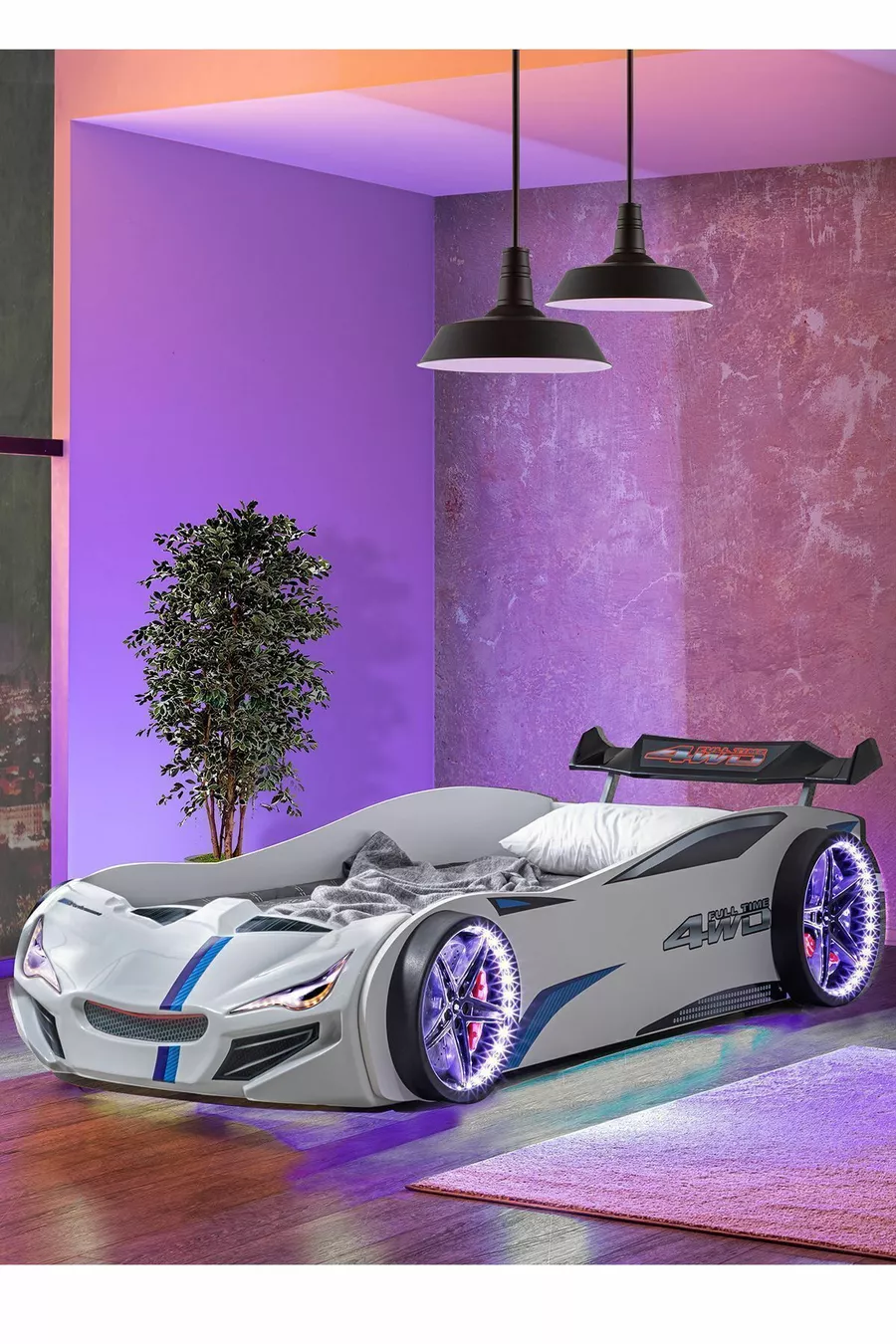 Lit voiture, Lit voiture Merso avec pare-vent et éclairage LED complet - Blanc