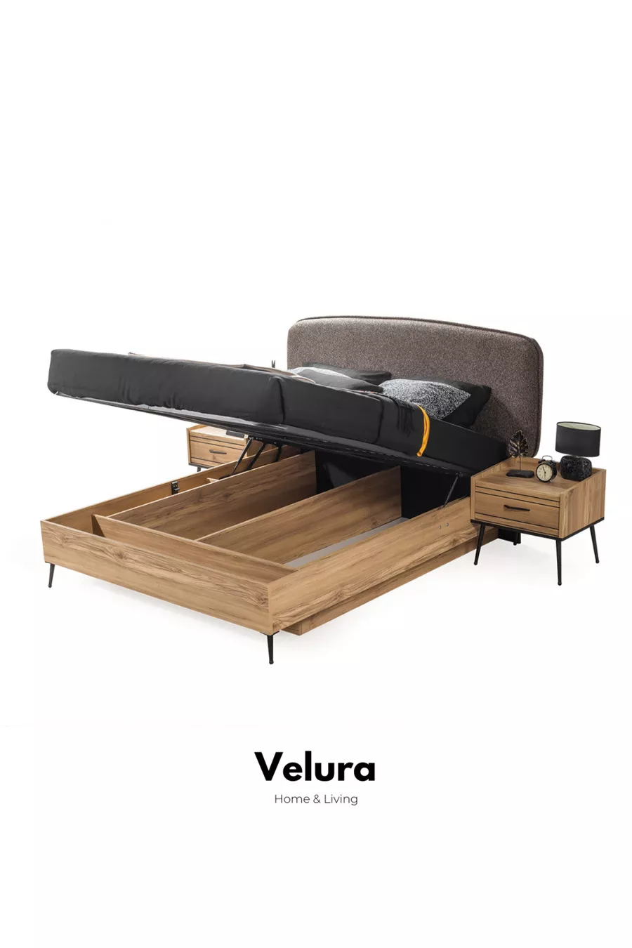 Ensemble de chambre à coucher İzgi (6 armoires en bois avec portes + commode + table de chevet + lit)