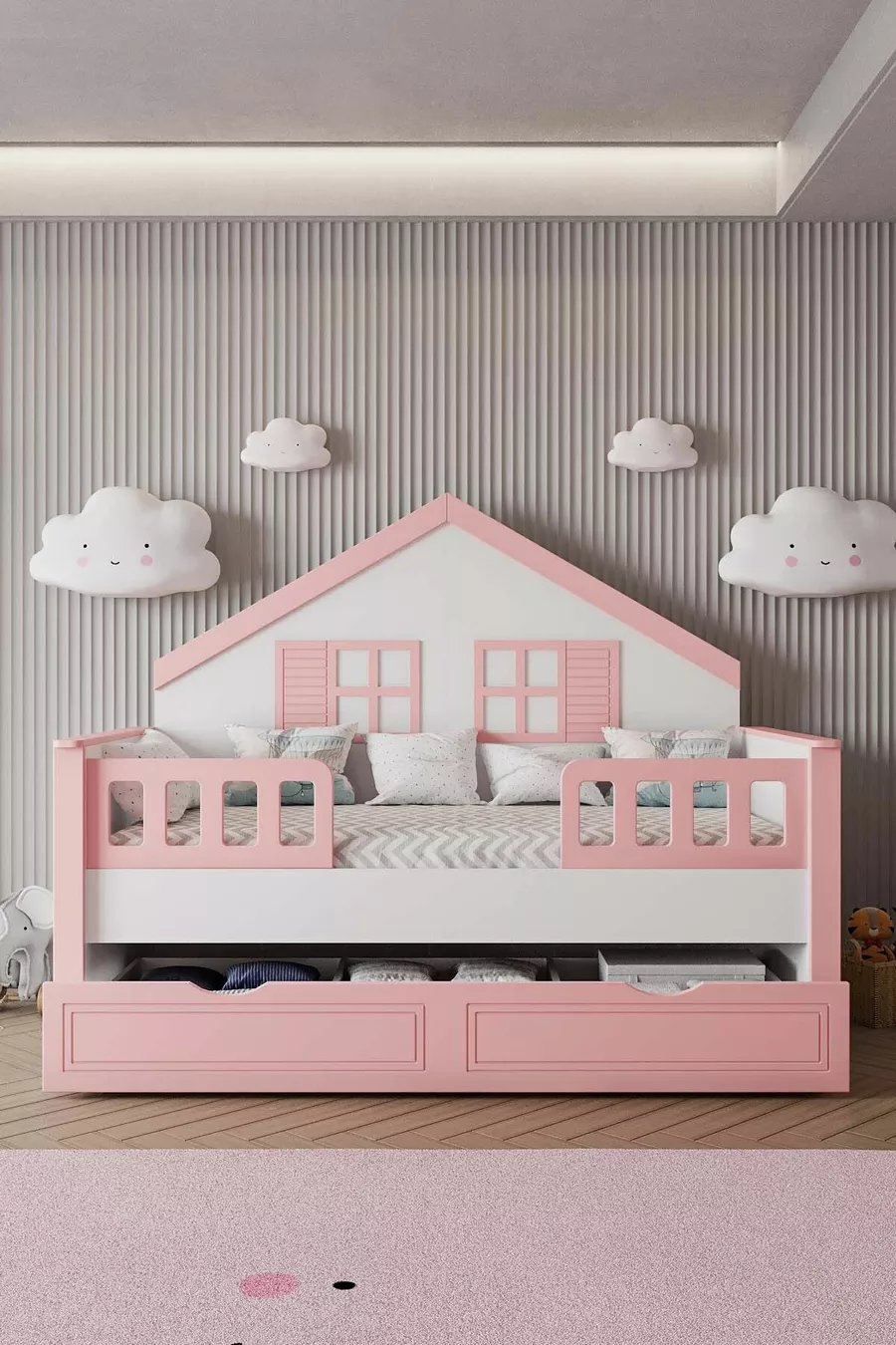 % Lit Montessori pour enfants en MDF avec tiroirs, rose