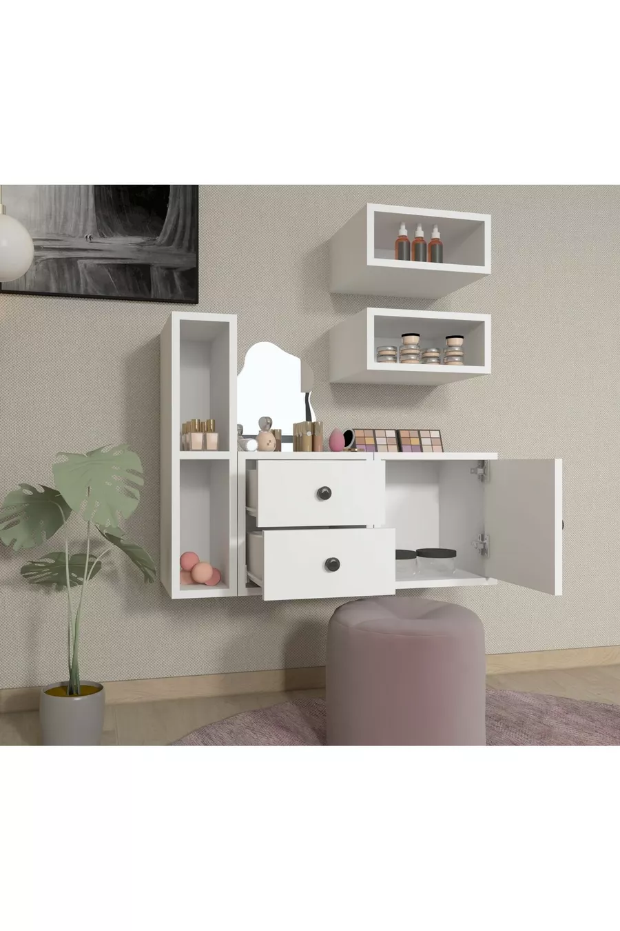 Ensemble modulable tête de lit-tiroir pour chambre à coucher – Blanc – 