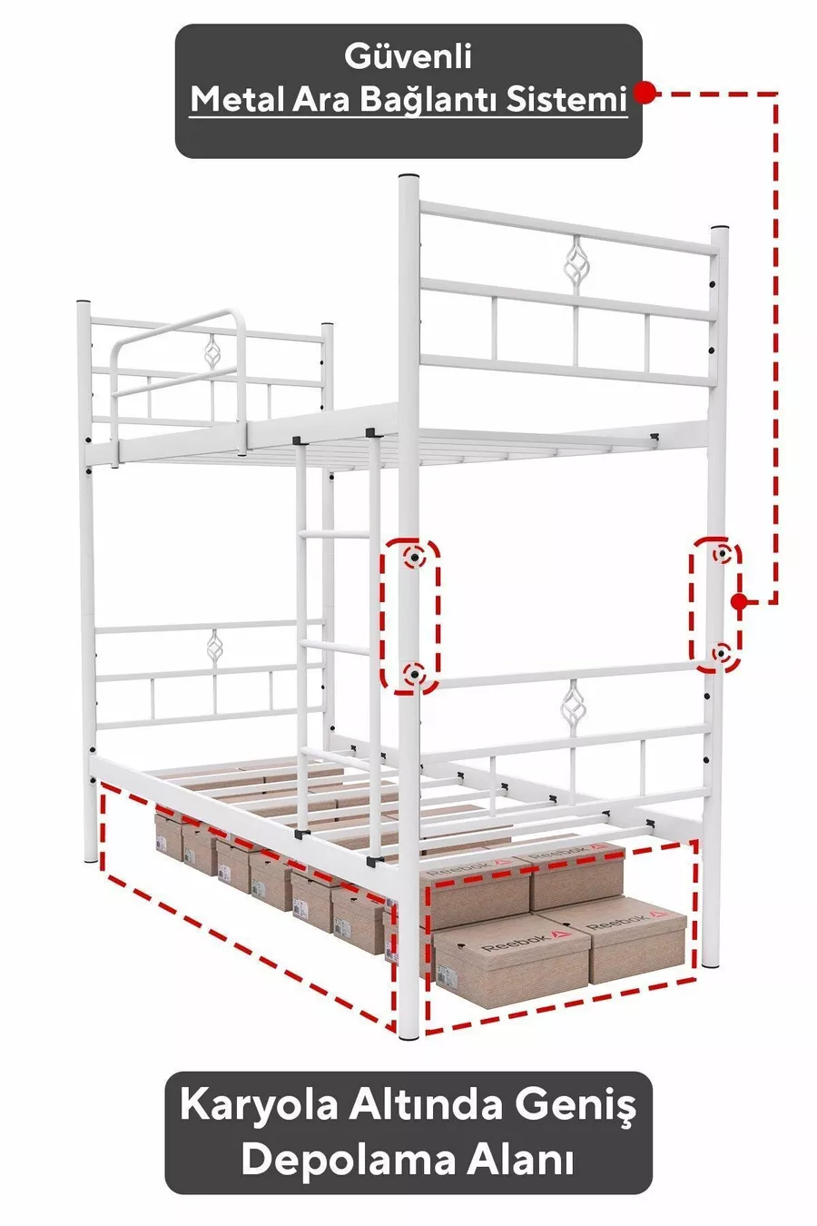 Lit superposé en métal blanc détachable Koza Ranza compatible avec matelas 