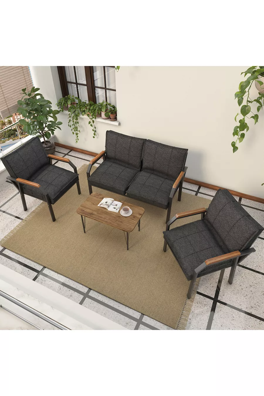Hayal Balcon, Jardin, Café, Ensemble Canapé Métallique, Mobilier de Jardin,  Tables - Anthracite