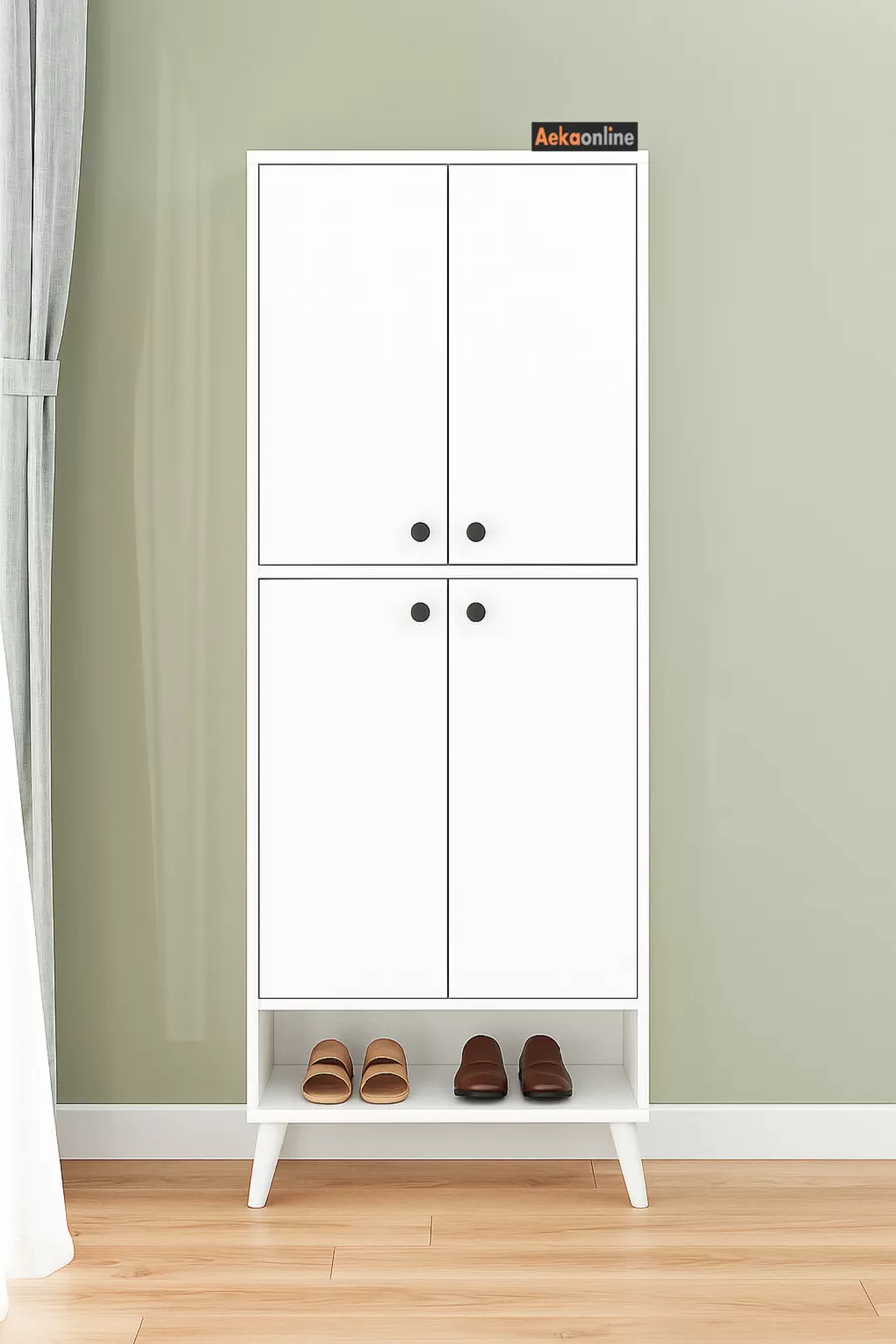 Étagère à chaussures blanche  brevetée, 9 étagères, sur pieds, armoire polyvalente à 4 portes, placard à provisions