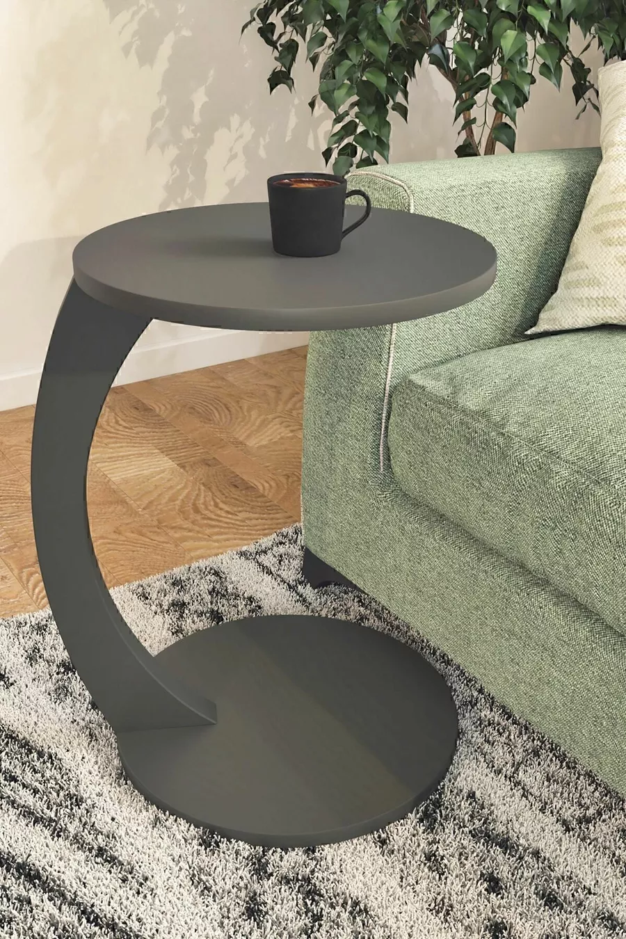 Table d'appoint en C à roulettes, table de salon, table latérale, table gigogne, table de service - Gris anthracite