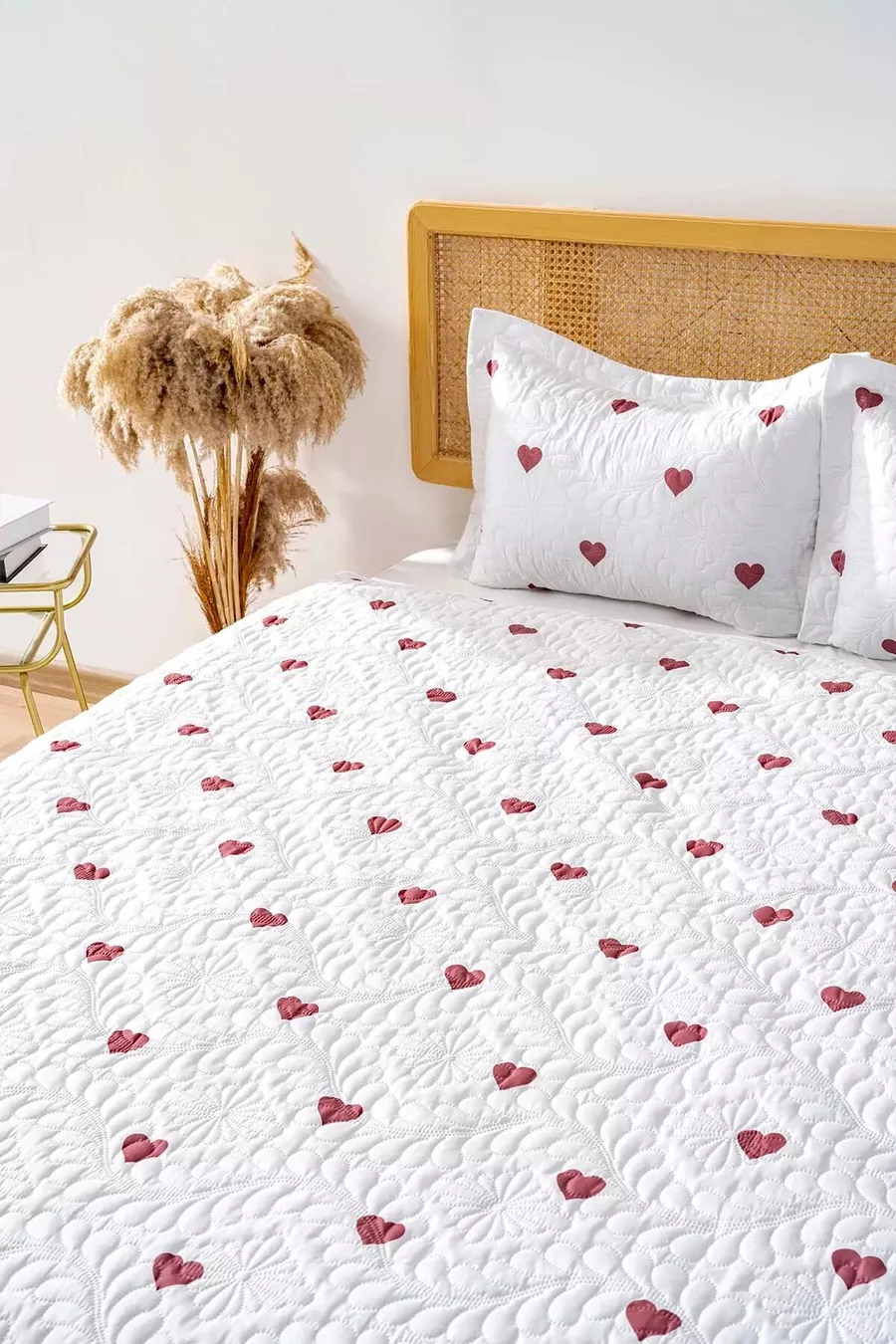 Ensemble de Micro-Sommeil Double Charmant Set de Couverture de Lit en 3 Pièces avec Cœurs
