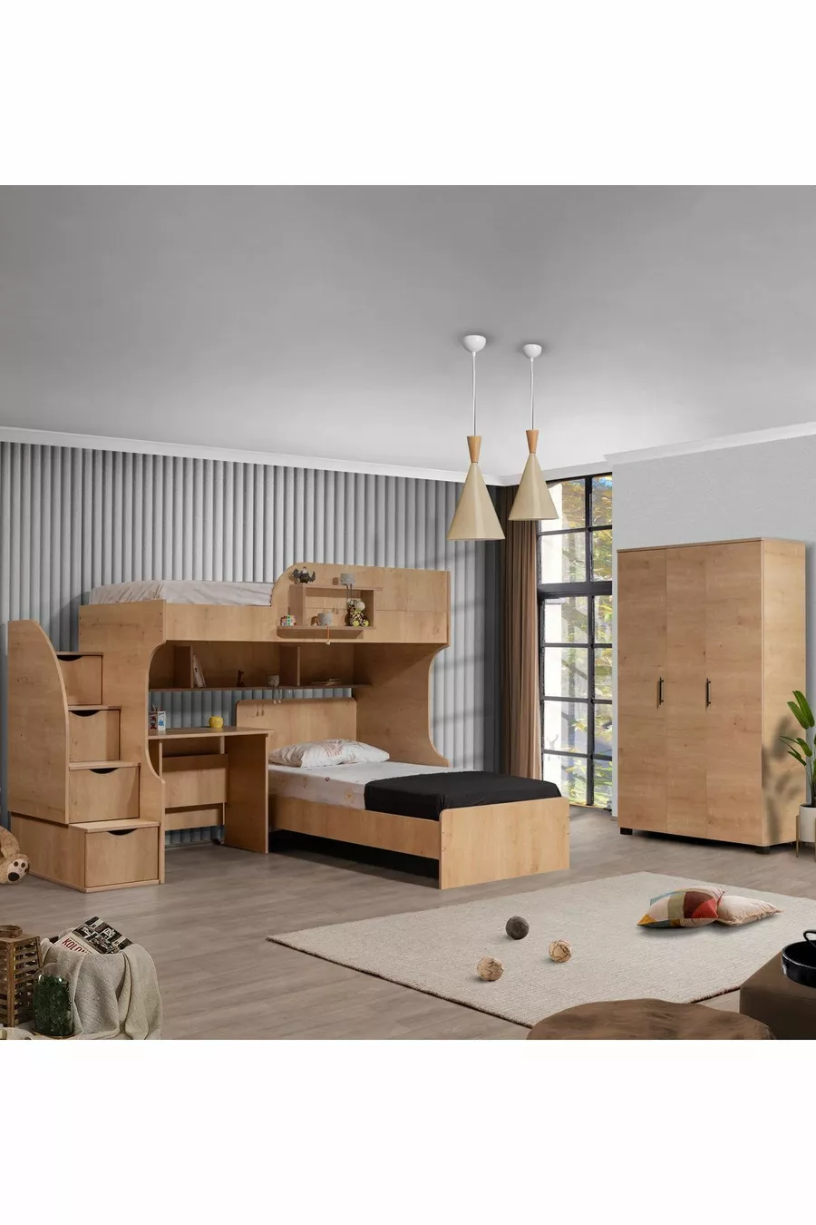 Lit superposé, Lit superposé Aura avec bureau et armoire à 3 portes, Noyer clair