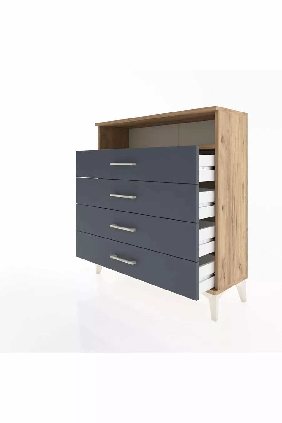Commode Arges à un seul étagère et 4 tiroirs en pin-anthracite
