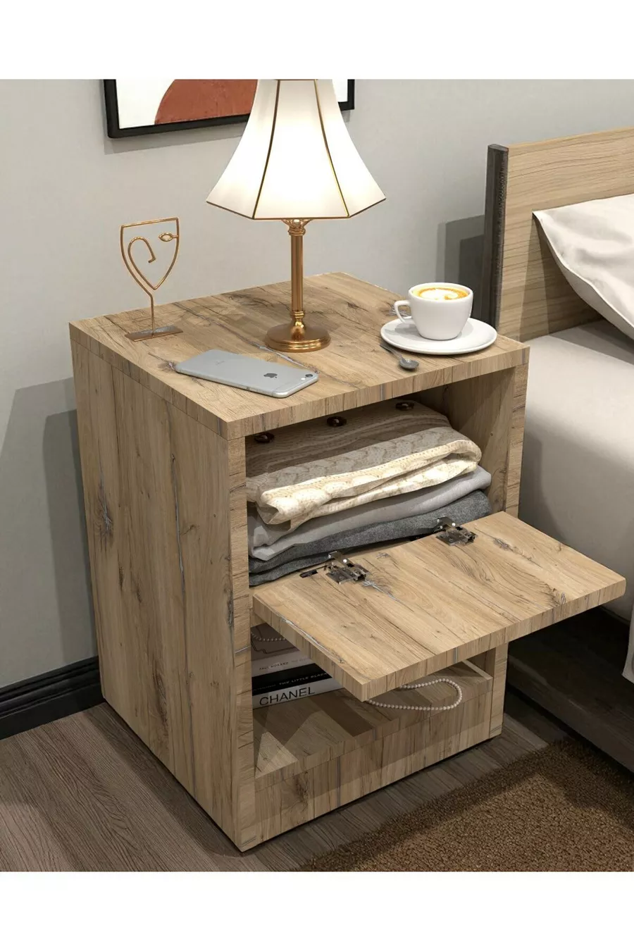Table de chevet avec serrure et compartiment secret, MDF, livrée assemblée, pas besoin de montage