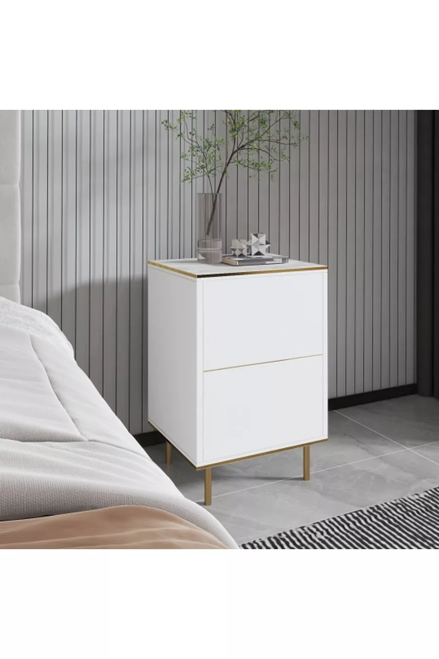 Table de chevet Kozan Blanc Marbre Motif Or
