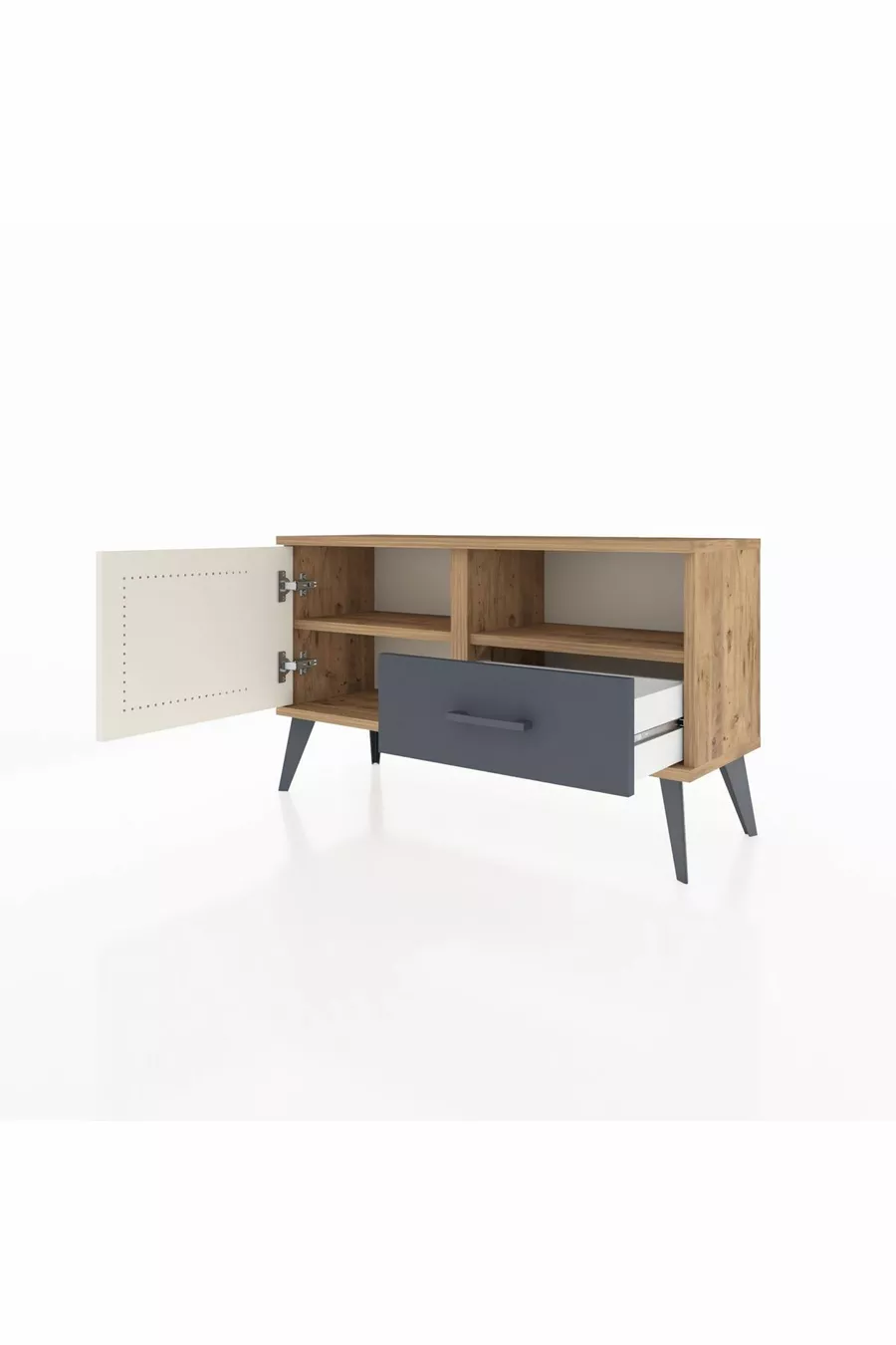 Commode Arges avec 2 étagères, 1 tiroir et 1 porte, en pin-pierre d'âme / anthracite