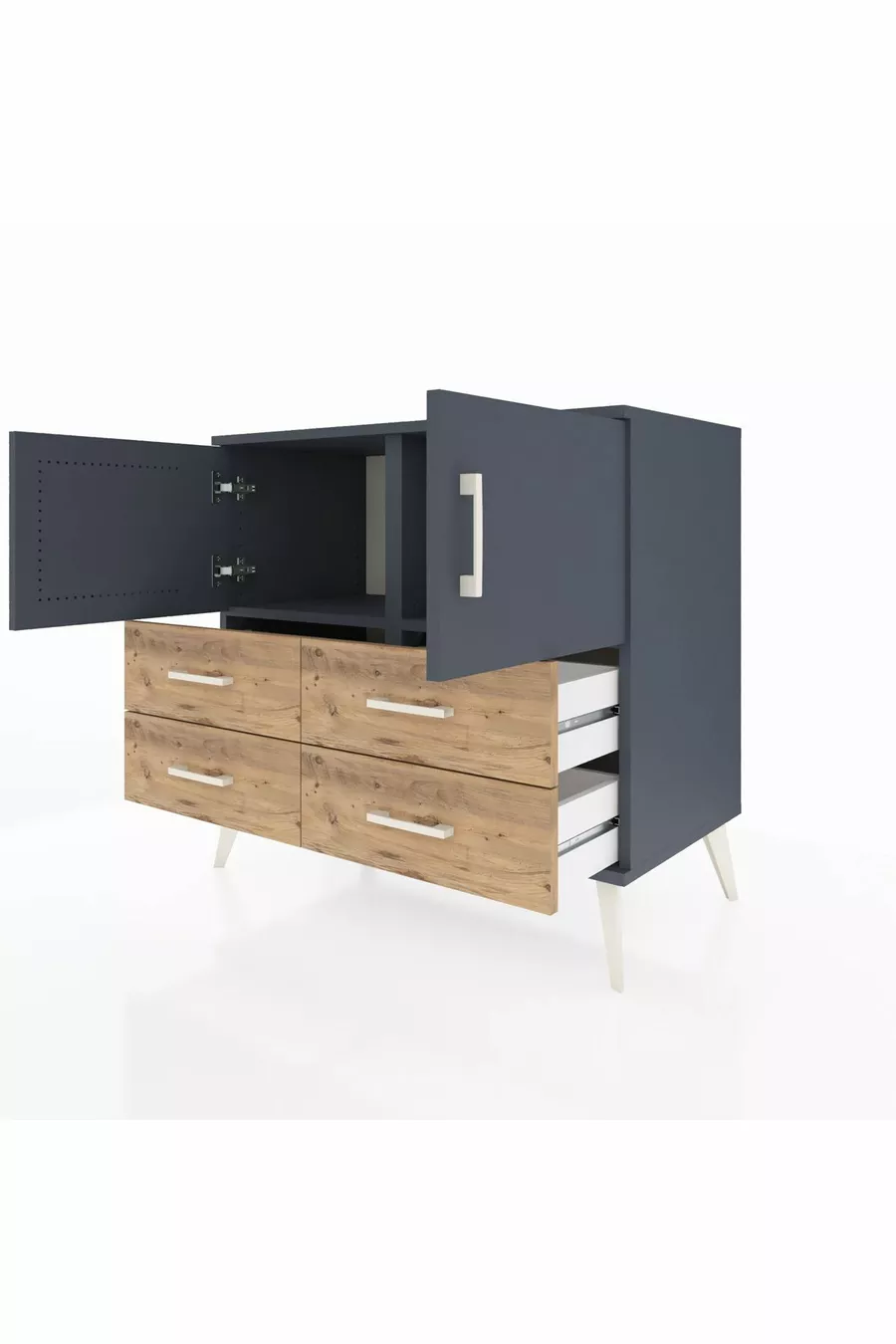 Commode Hyperion 2 étagères 4 tiroirs 2 portes Anthracite-Anthracite/Pin