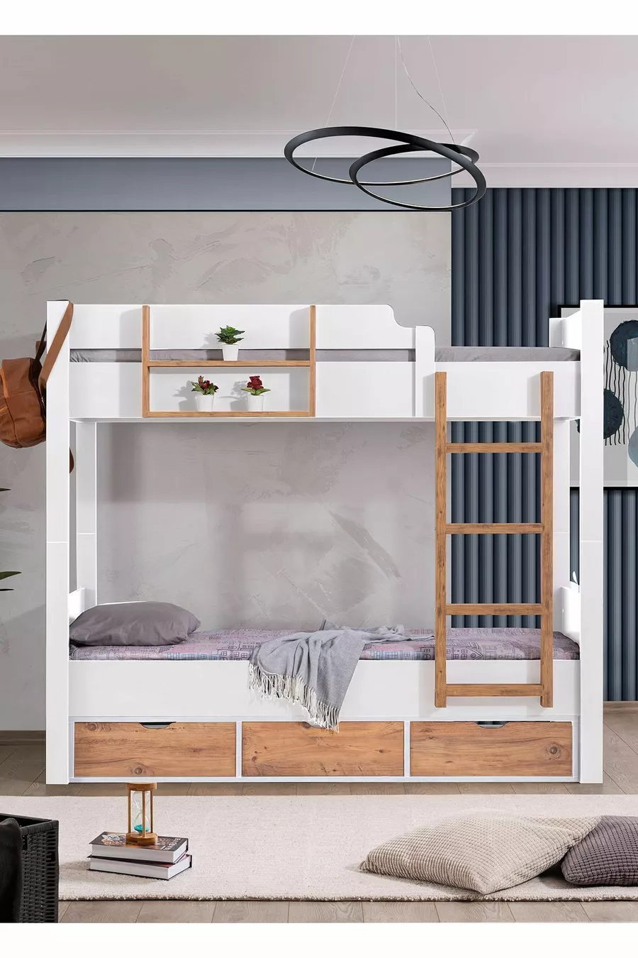 Lit superposé Ranza Asya avec tiroirs amovibles, 2 matelas Comfort