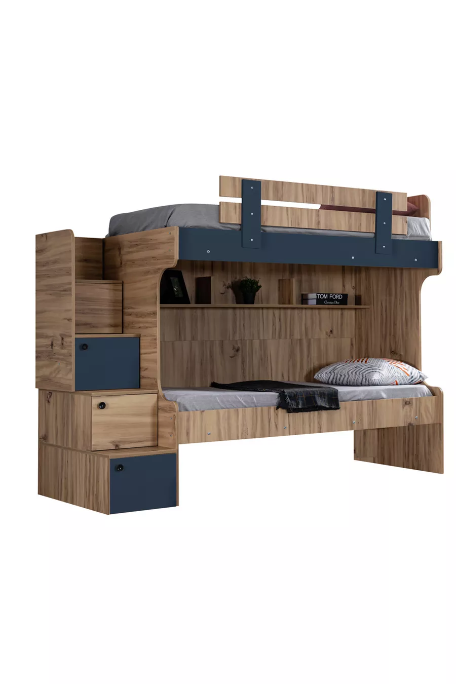 Lit superposé Ranza, Riva avec échelle 2 en 1 + Armoire 3 portes + 2 matelas Comfort