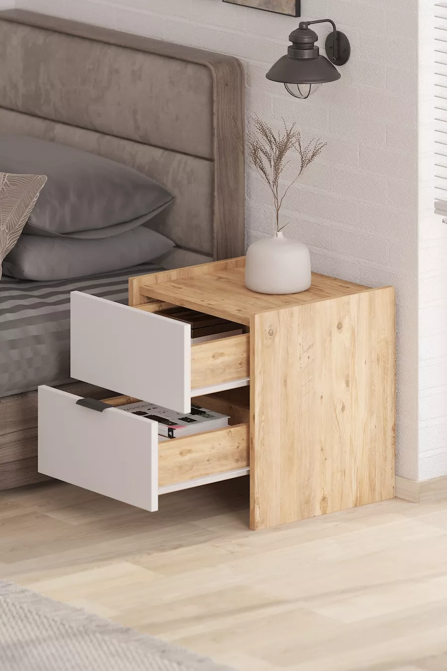 Table de chevet Sadem à 2 tiroirs, pin Atlantique/blanc, avec grand espace de rangement, design moderne (, cm)