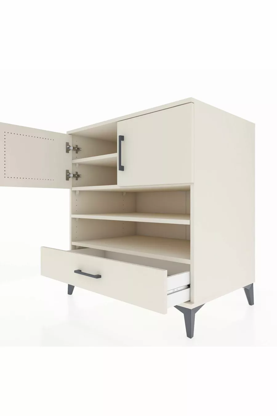 Commode Kronos avec 4 étagères, 1 tiroir et 2 portes, Pierre de Lune-Pierres de Lune