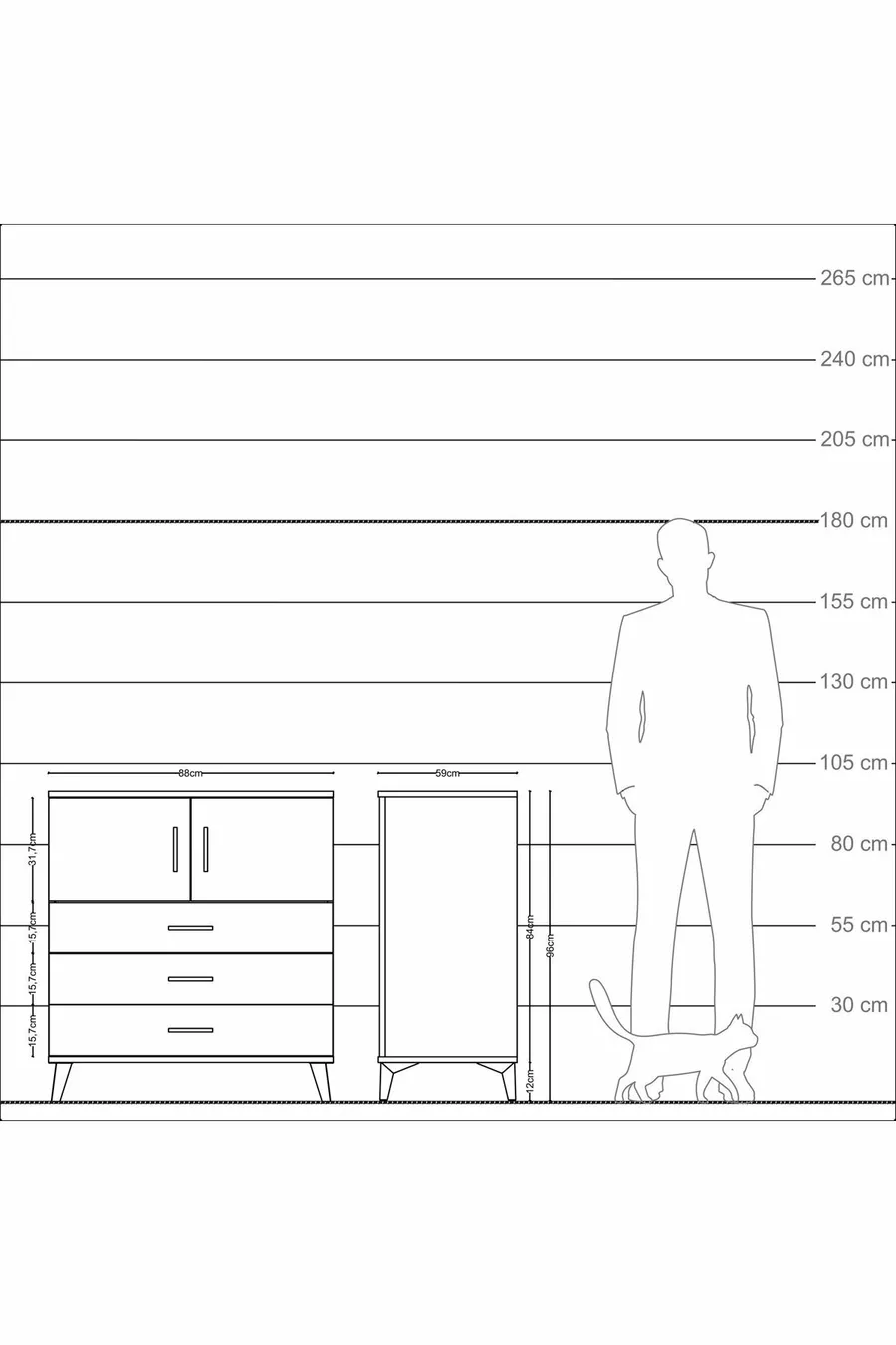 Commode Kronos avec 2 étagères, 3 tiroirs et 2 portes, en pin et pierre de lune