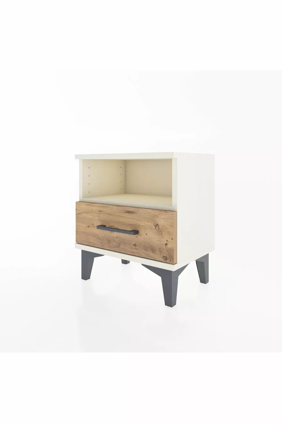 Table de chevet Arges avec une étagère et un tiroir, en pierre d'onyx et pin