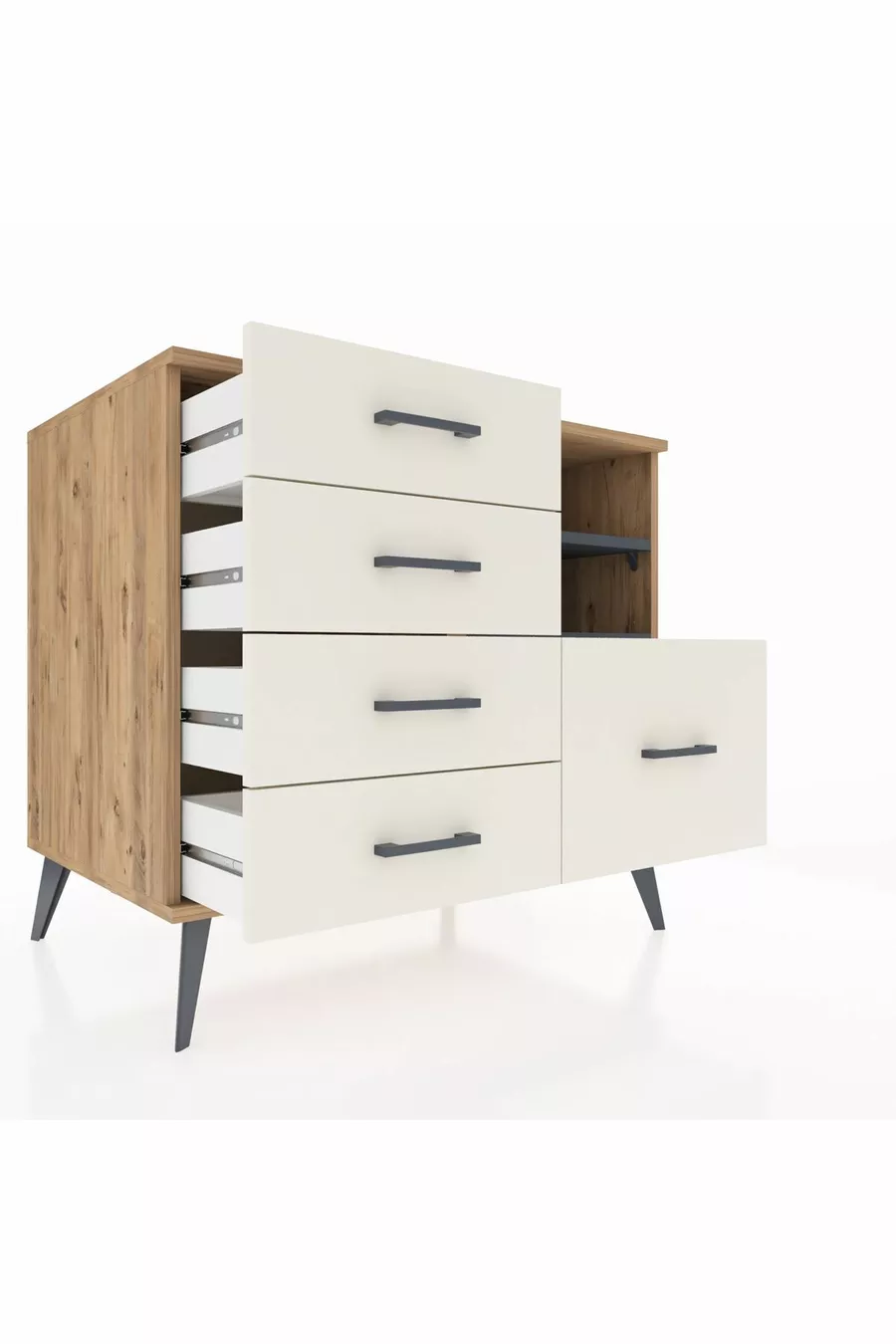 Commode Kronos 2 étagères 5 tiroirs Pin-Anthracite / Pierre de Lune