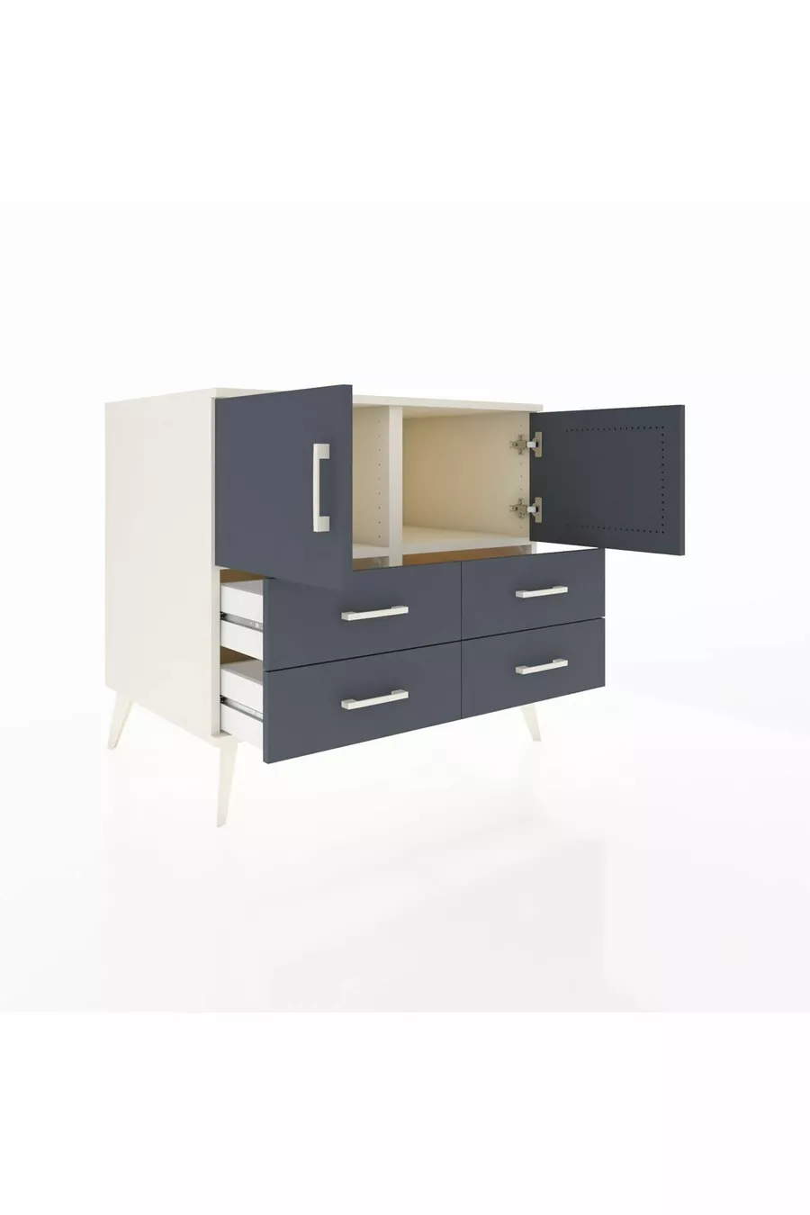 Commode Kronos avec 2 étagères, 4 tiroirs et 2 portes, Pierre de lune-Anthracite