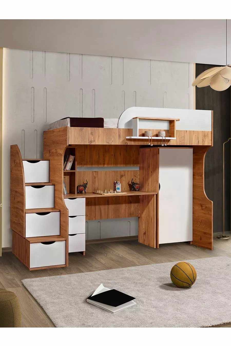 Lits superposés, Litera Ranza Armoire Bureau, Noyer foncé-Blanc