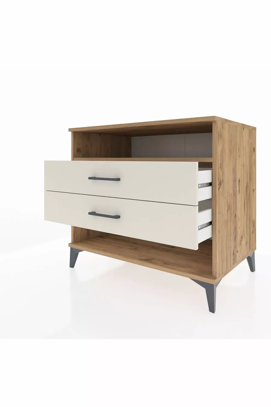 Commode Kronos à une étagère et 2 tiroirs en pin et pierre de lave