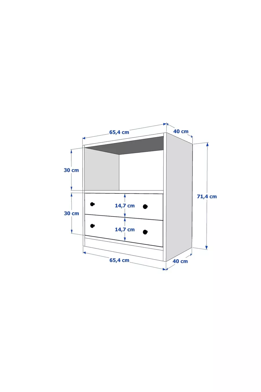 Table de chevet blanche à deux tiroirs avec étagère, sans moulure