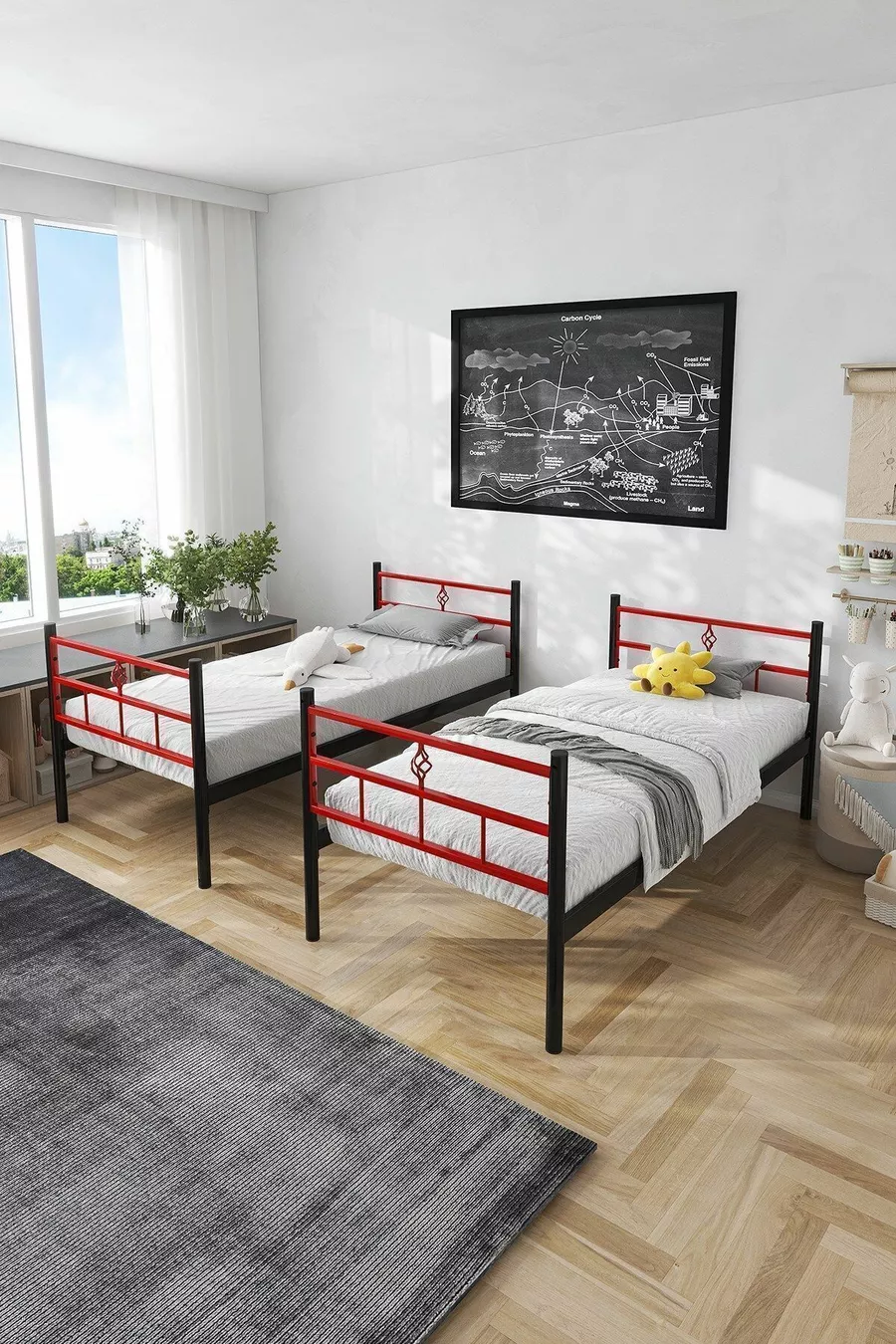 Lit superposé Koza Ranza compatible avec matelas, rouge, cadre métallique détachable