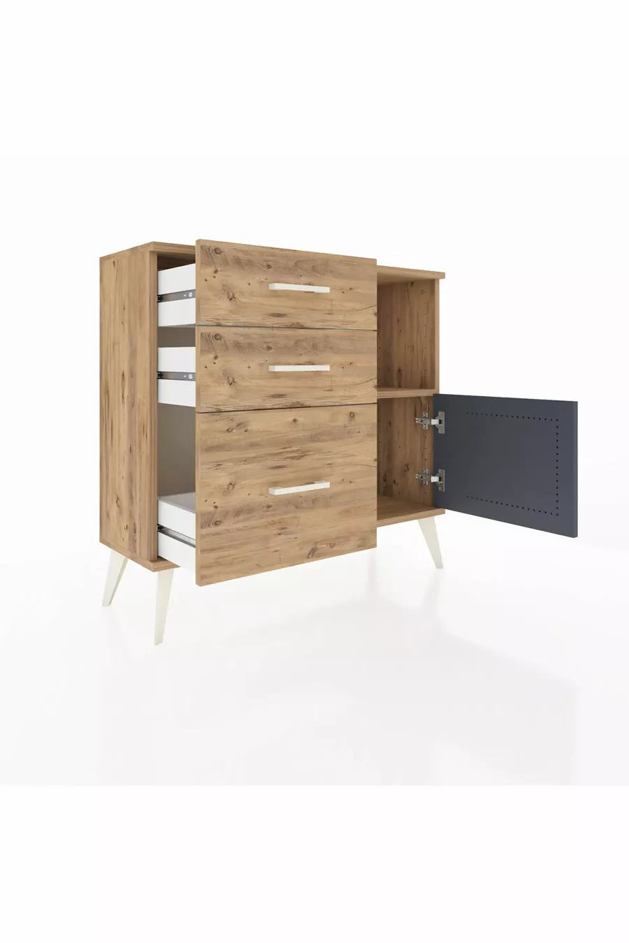 Commode Arges avec une étagère, 3 tiroirs et une porte, pin-anthracite/pin