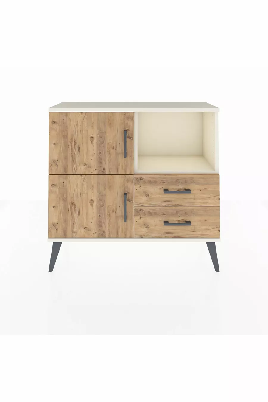 Commode Arges avec 2 étagères, 2 tiroirs et 2 portes, couleur Pierre de lune-Pin