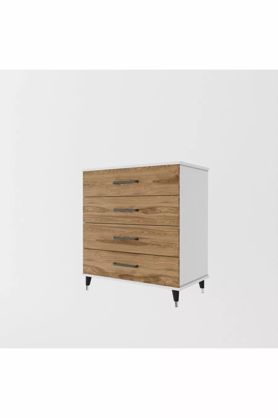 Commode à quatre tiroirs (BLANC BRILLANT + BOIS FONCÉ)